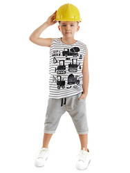 Vehicles Striped Boy T-shirt&Capri Pants Set - Thumbnail