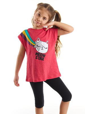 Yıldızlı Kedi Kız Çocuk T-shirt Siyah Tayt Takım