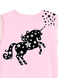 Yıldızlı Unicorn Kız Çocuk Pembe Tüllü Elbise - Thumbnail