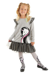 Zarif Unicorn Gri Kız Çocuk Elbise - Thumbnail