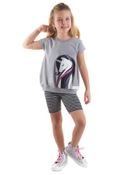 Çizgili Unicorn Kız Çocuk Gri Siyah Yazlık T-shirt Tayt Takım - 1