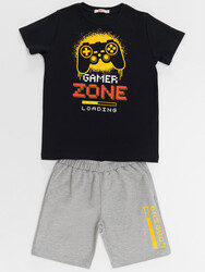Zone Erkek Çocuk Siyah T-shirt Gri Şort Takım - Thumbnail